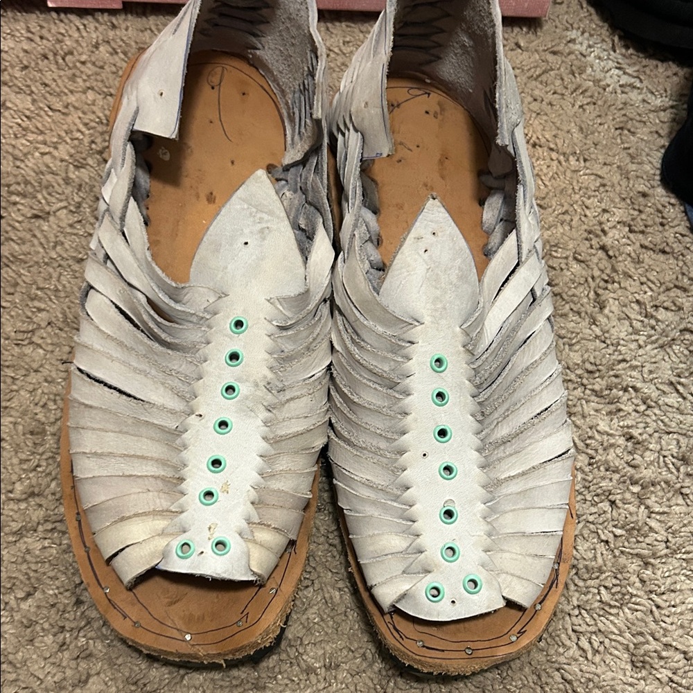 MEXICANA White Leather Sandals with Green Accents